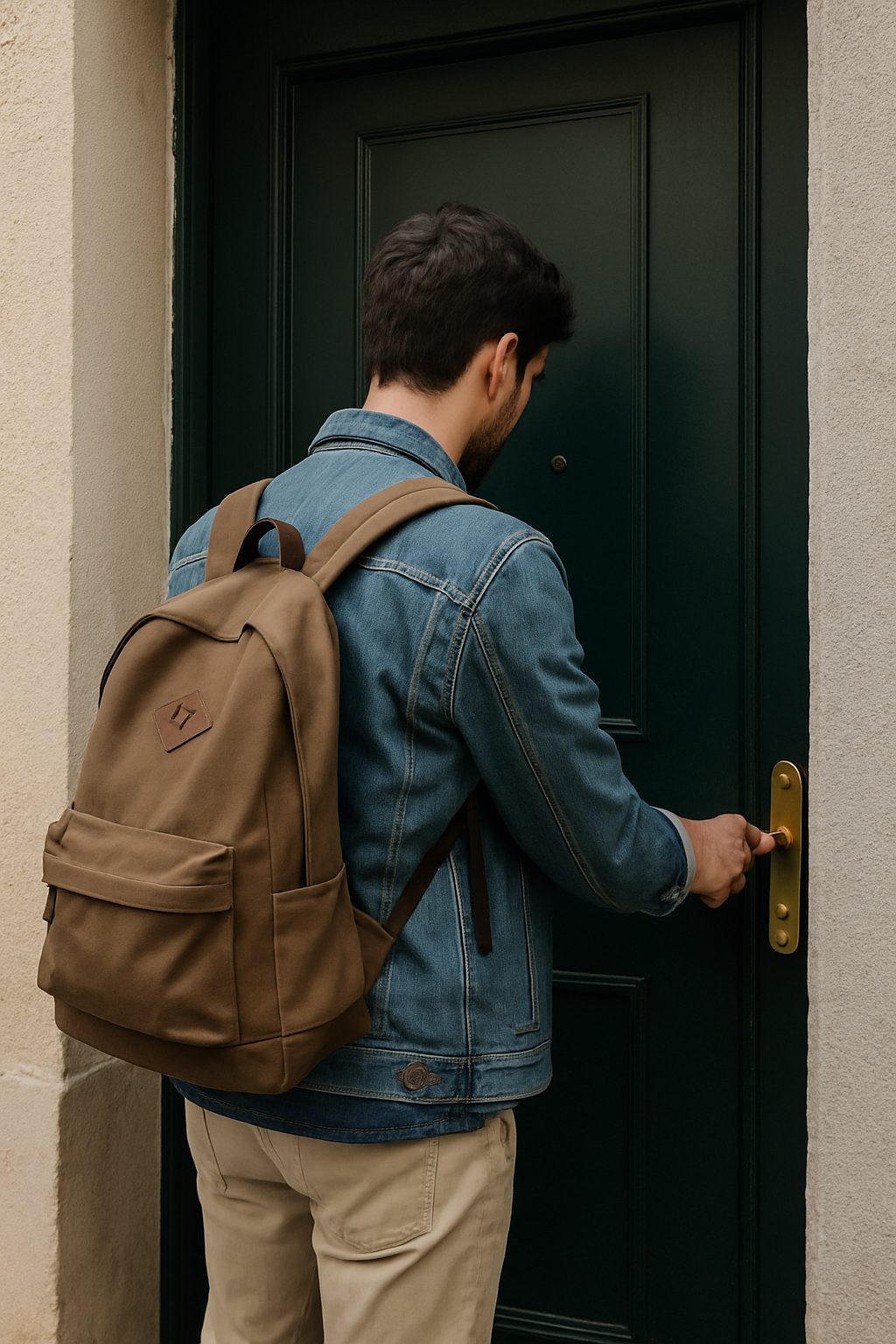 Jeune adulte franchissant la porte de son logement, sac au dos