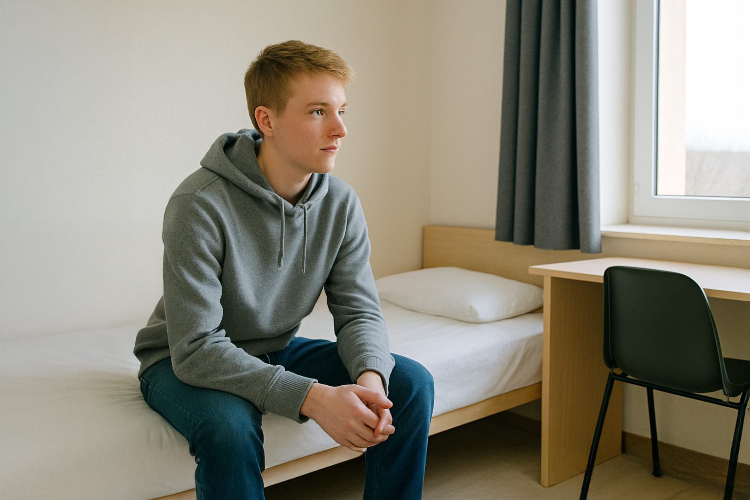 Chambre d'hébergement d'urgence aménagée pour un jeune accompagné