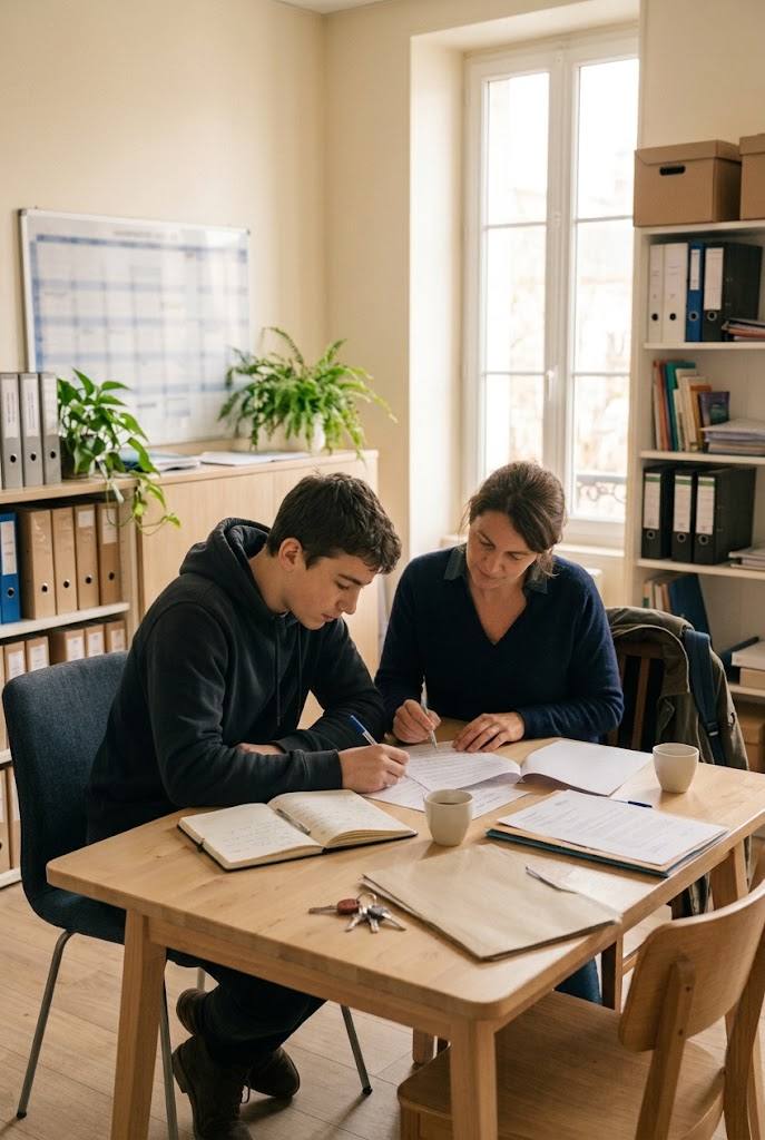 Jeune accompagné par une travailleuse sociale dans ses démarches
