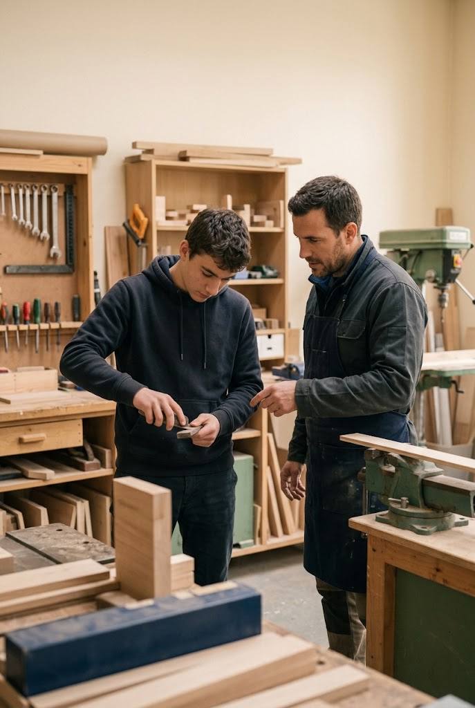 Jeune en apprentissage d un geste technique en atelier