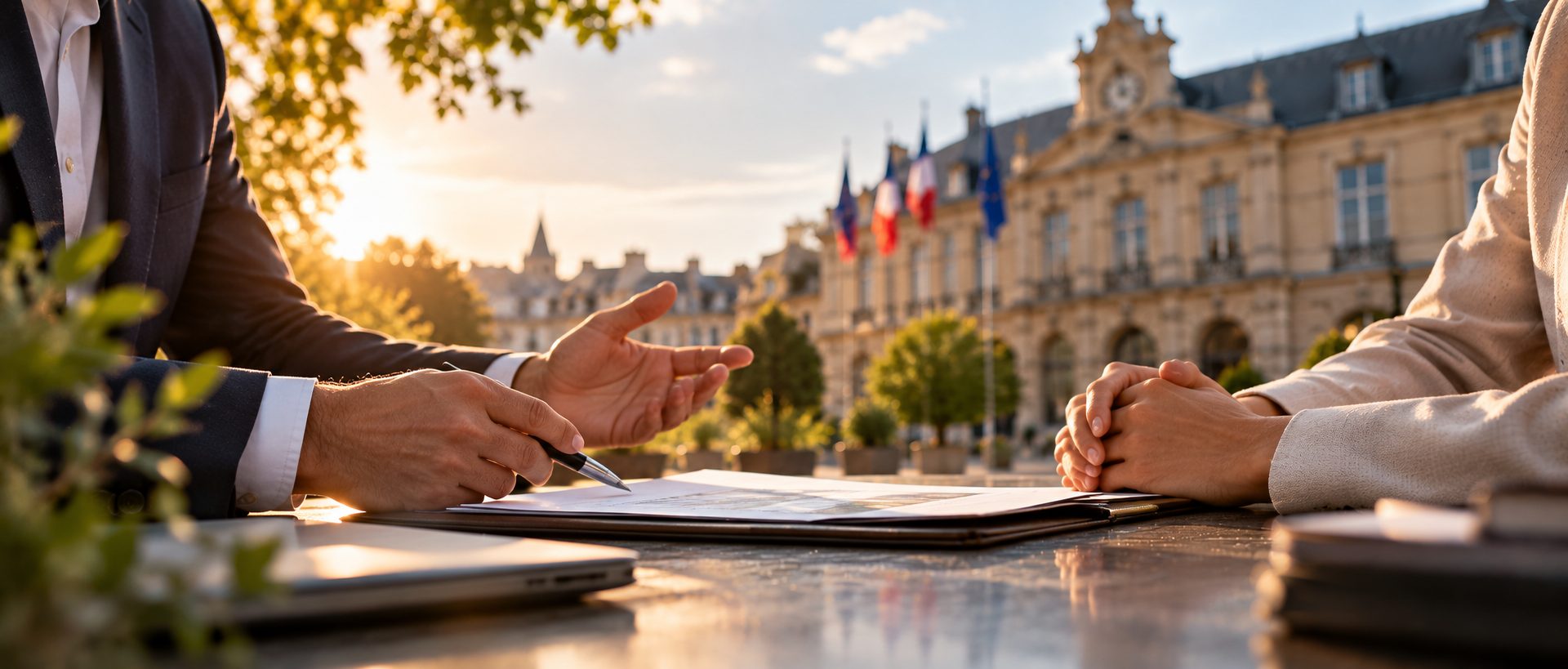 Rencontre de travail entre Graine d'Iris et une collectivité, devant un hôtel de ville aux drapeaux français et européen