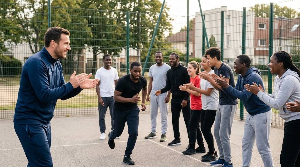 Séance sportive collective encadrée par un éducateur